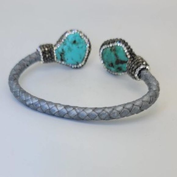 Turquoise & Round Crystal Woven Silver Cord Cuff - Picture 10 of 10